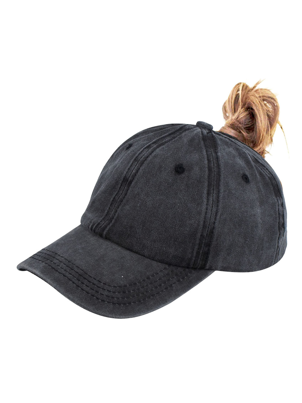 Ponytail Baseball Hat Distressed Retro Washed Womens Twill | Black | Size M